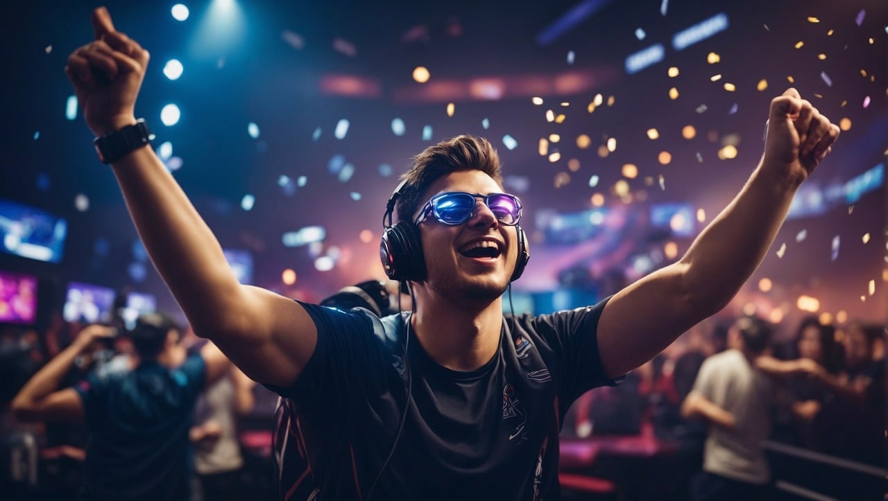 AI generated art from pixabay showing man in headphones at party celebrating.